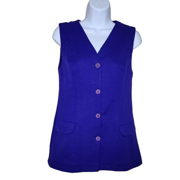 Vintage 70s Button Front Vest Womens Size S Purple Double Knit Polyester - Picture 1 of 4